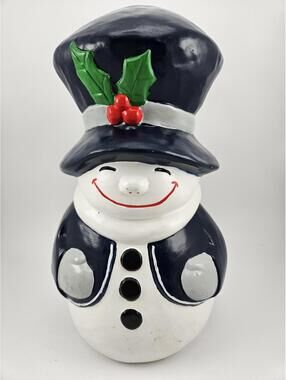 Vintage 1990 Signed Hand Painted Ceramic Snowman Figurine 12" Top Hat Folk Art